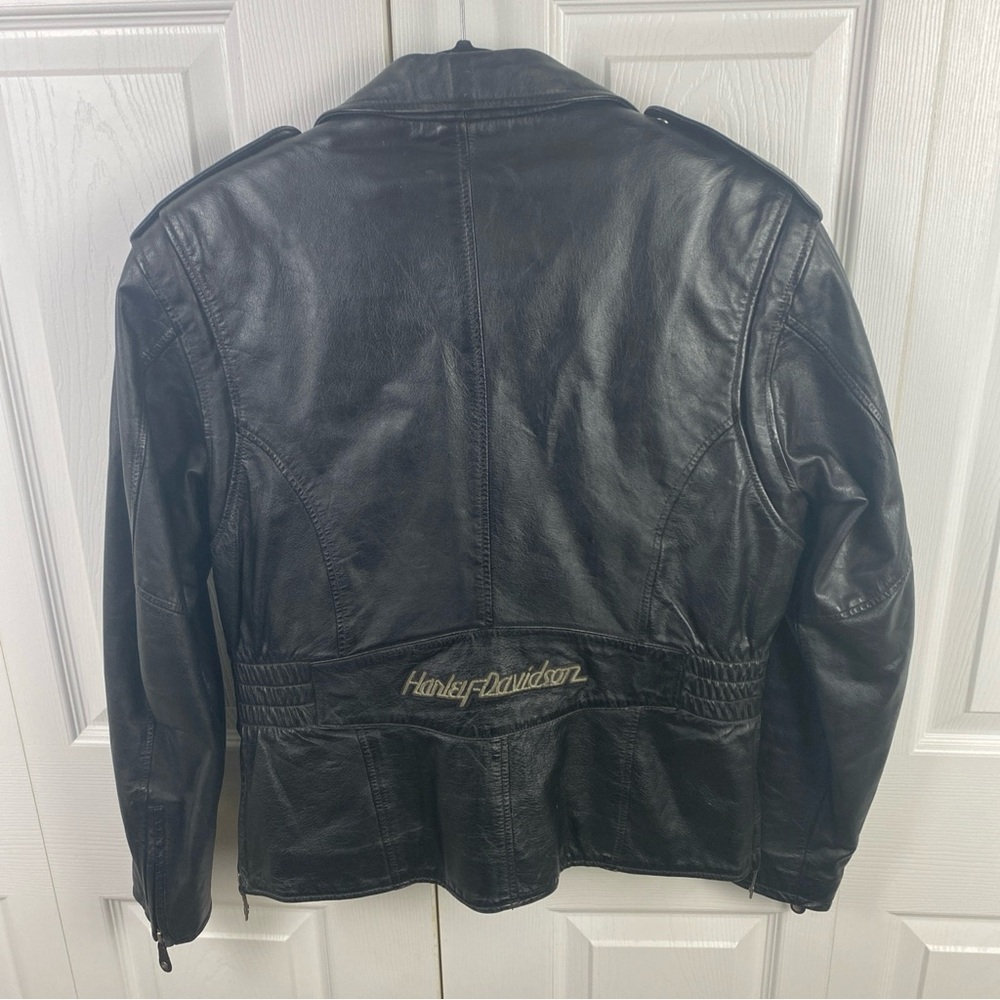 Harley Davidson Leather Jacket Women XS ZIP Out Liner Riding Black Off Center 50 - Picture 5 of 10